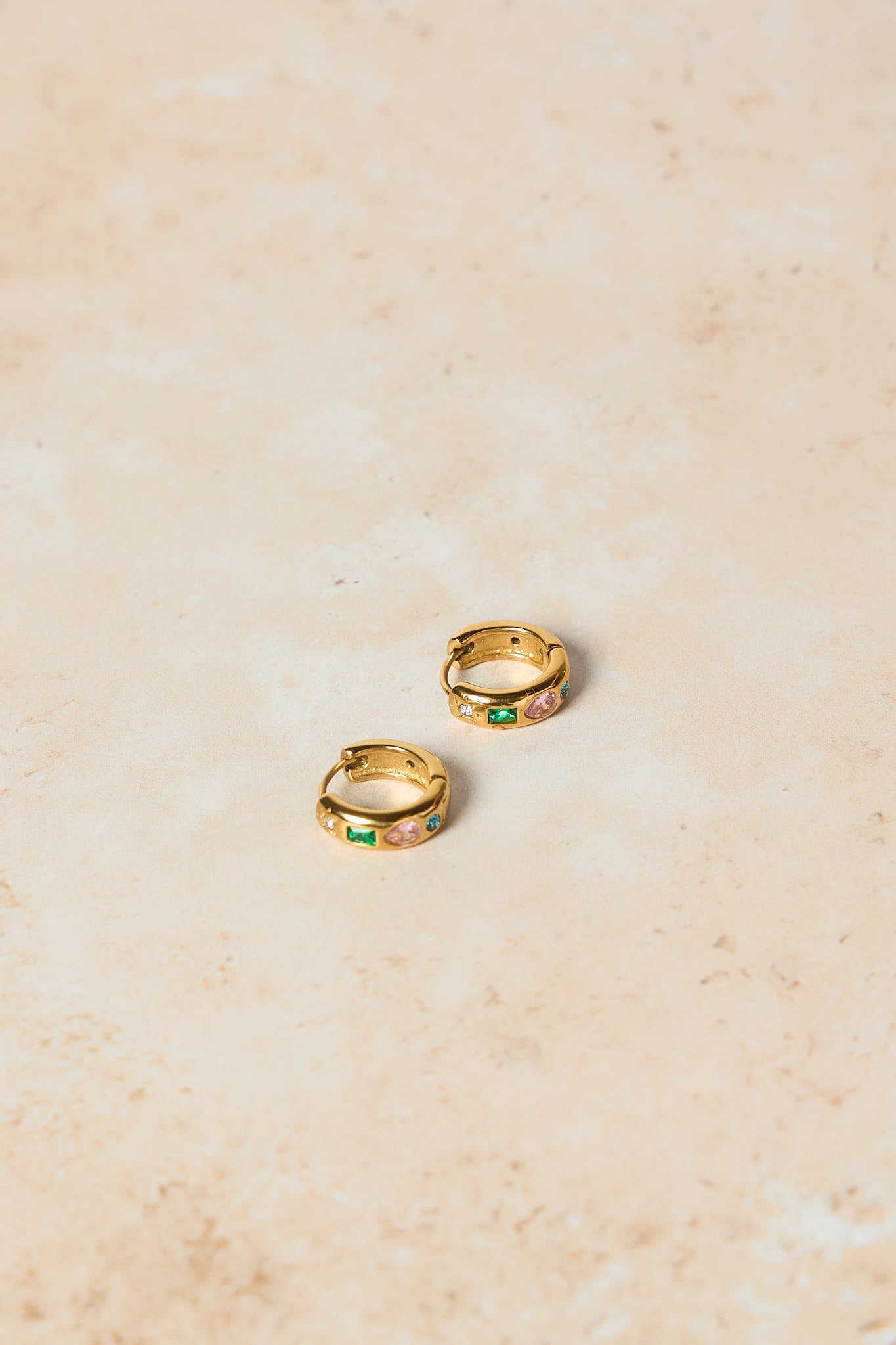 June Earrings - Gold - rainbow stone - huggie - hoop