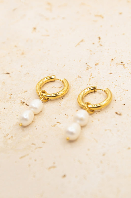 Ruby Pearl Hoop Earrings - Gold